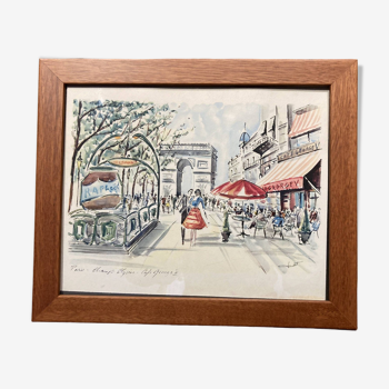 Drawing representing the George V café on the Champs Elysées in Paris, illegible signature