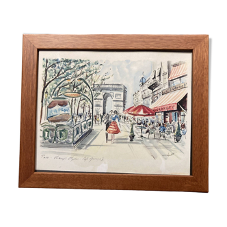 Drawing representing the George V café on the Champs Elysées in Paris, illegible signature