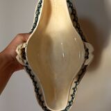 Old gravy boat on frame in terre de fer earthenware by gien, “chardons” model in blue-green