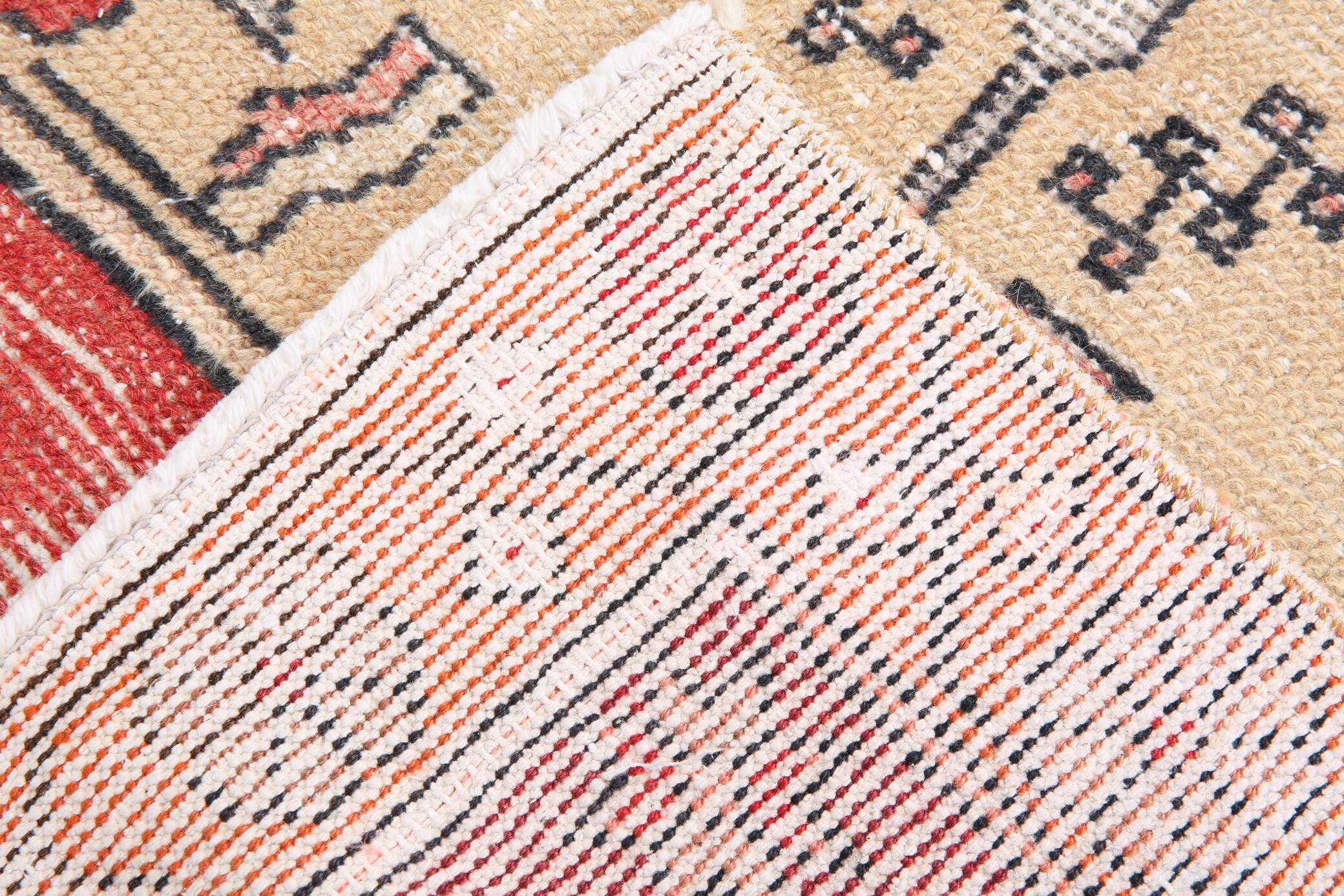 Antique Red Tan Beige Turkish Vintage Rug, 130x247Cm