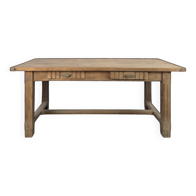 Table de ferme Art Déco en chêne décapé deux tiroirs pieds cannelés
