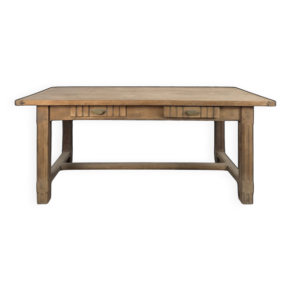 Table de ferme Art Déco en chêne décapé deux tiroirs pieds cannelés