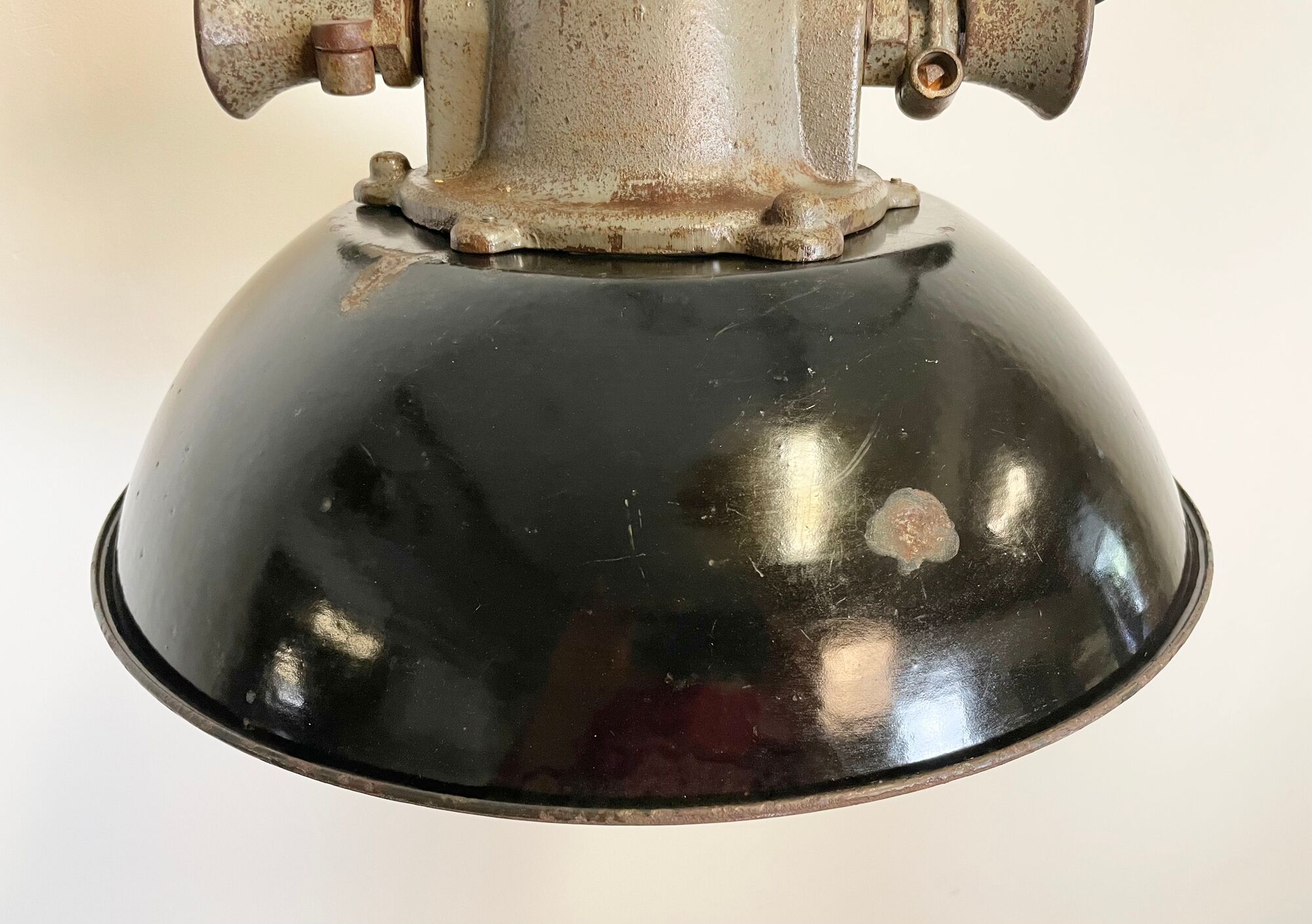 Black Enamel and Cast Iron Industrial Cage Pendant Light, 1950s