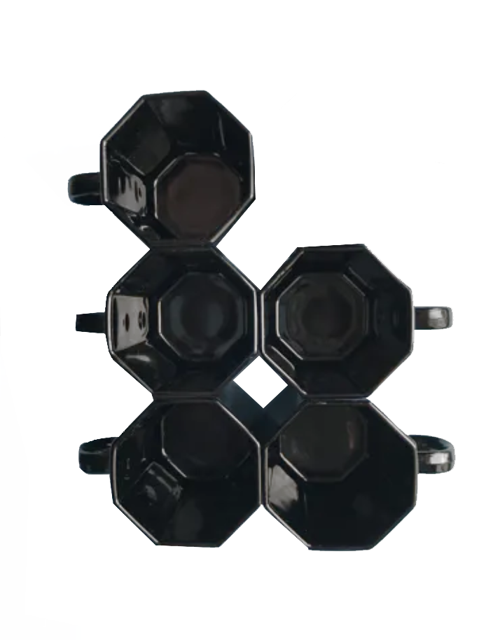 5-cup coffee service - esso arcoroc 80s black saucers - octime collection