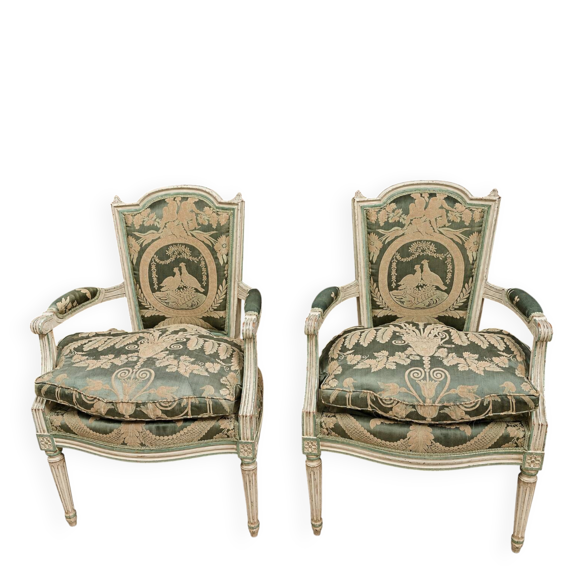 Pair of large Louis XVI armchairs in water green and cream wood.