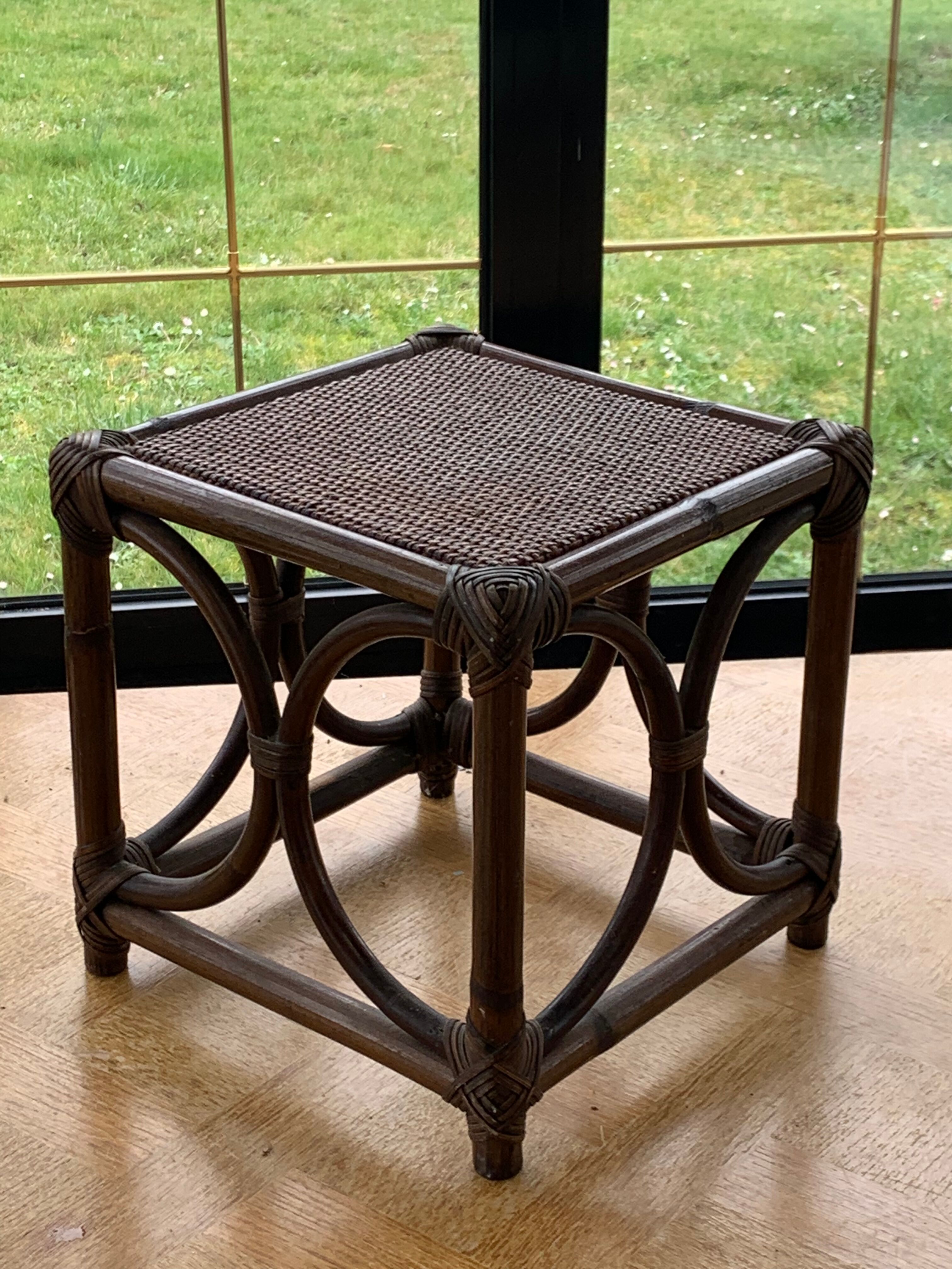 Small square-shaped side table in bamboo and vintage wicker