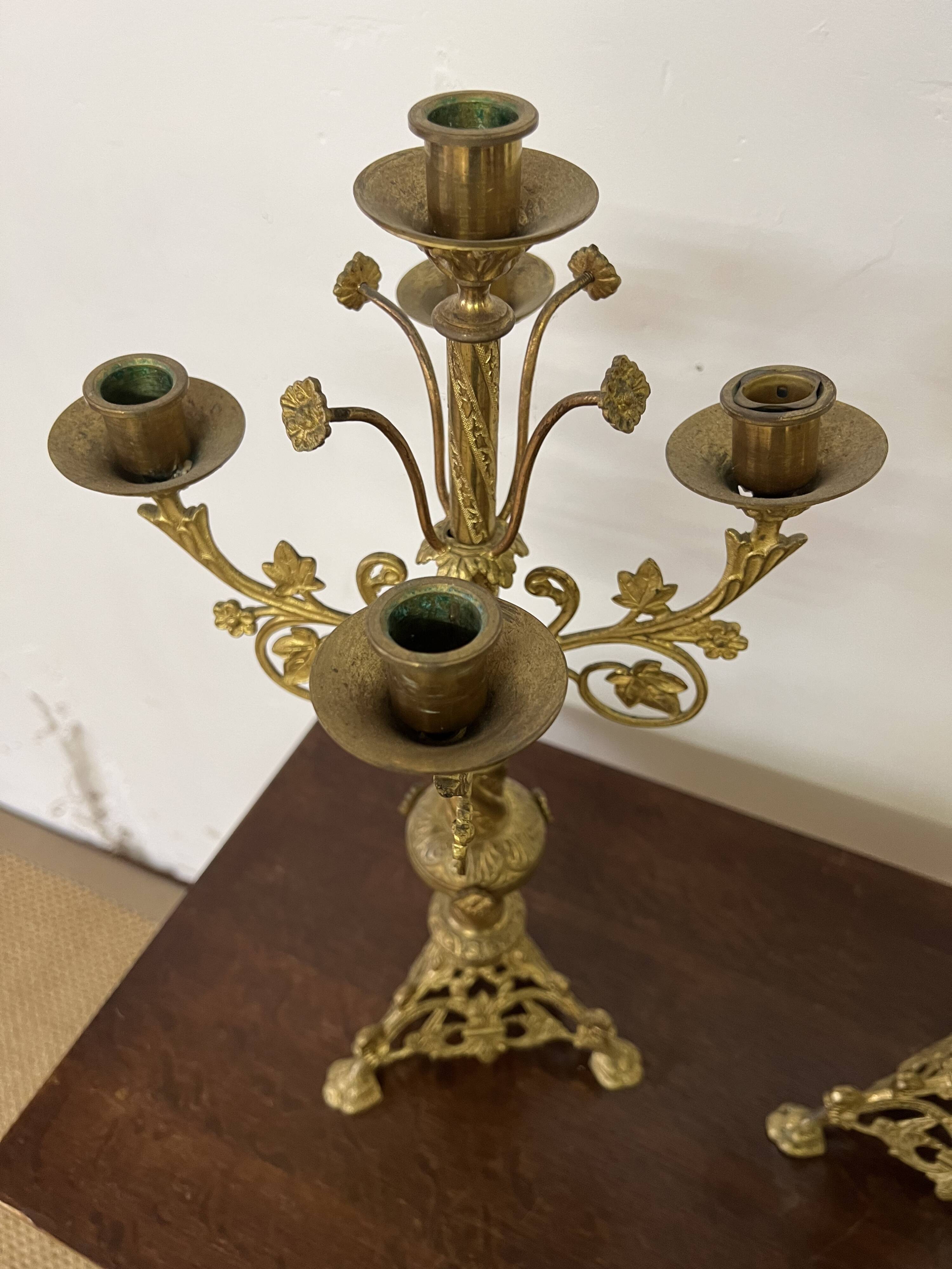 Pair of old altar candelabras in gilded brass from the 19th century