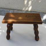 Old wooden stool, worked, turned foot, handcrafted