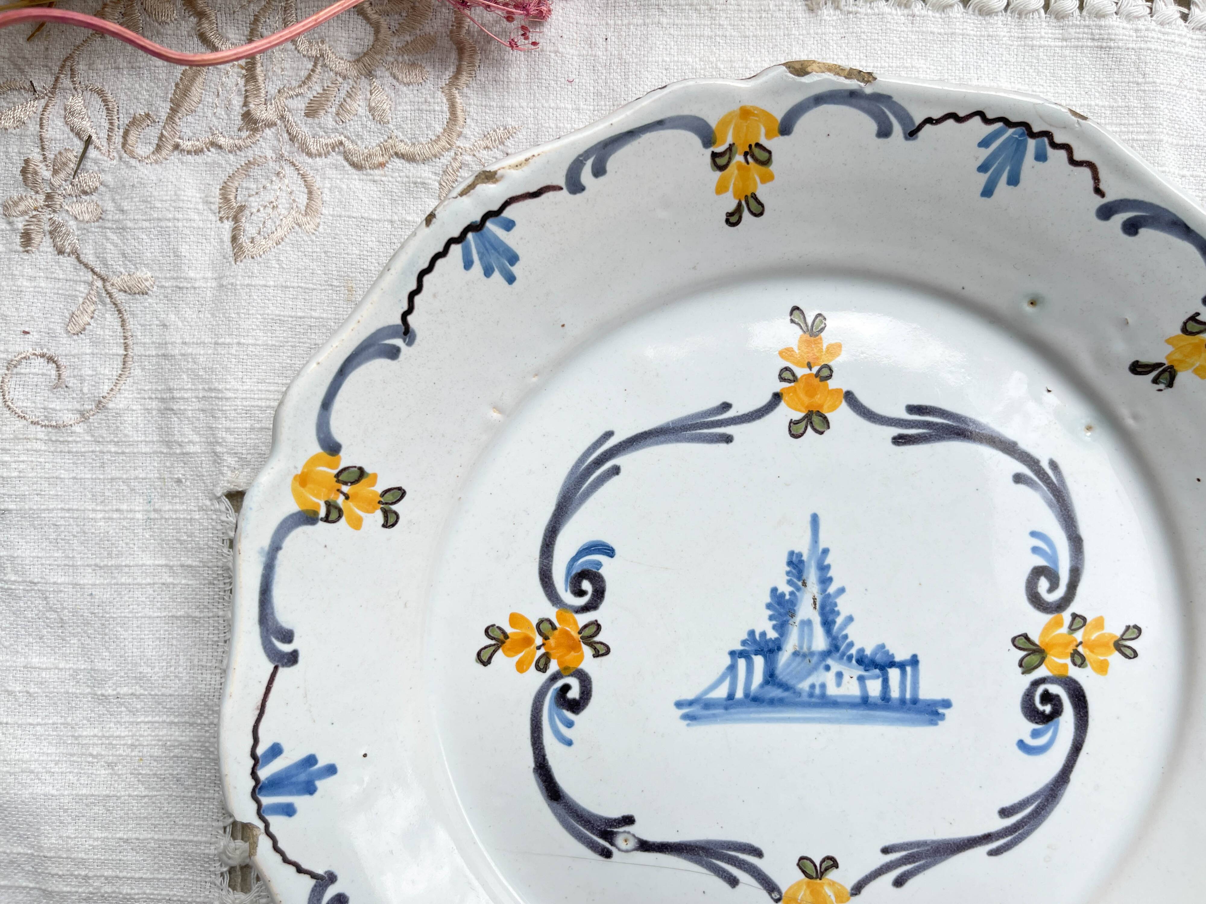 Antique French Earthenware Plate 18th Century NEVERS Landscape Motif