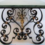Green-forged neo-classical coffee table gold, green marble Poillerat 1940