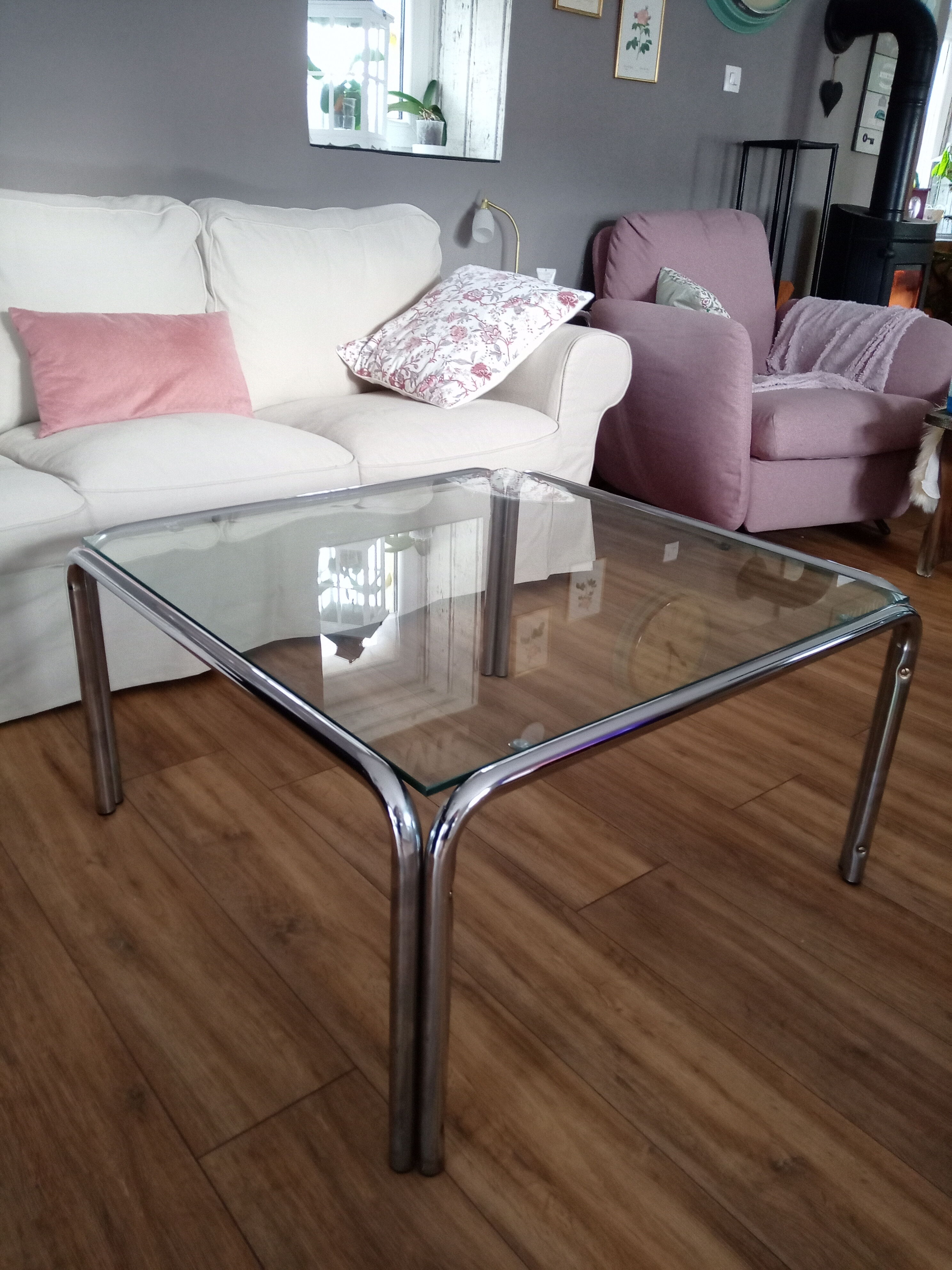 Table basse carrée vintage années 70 plateau en verre transparent et pieds chromé