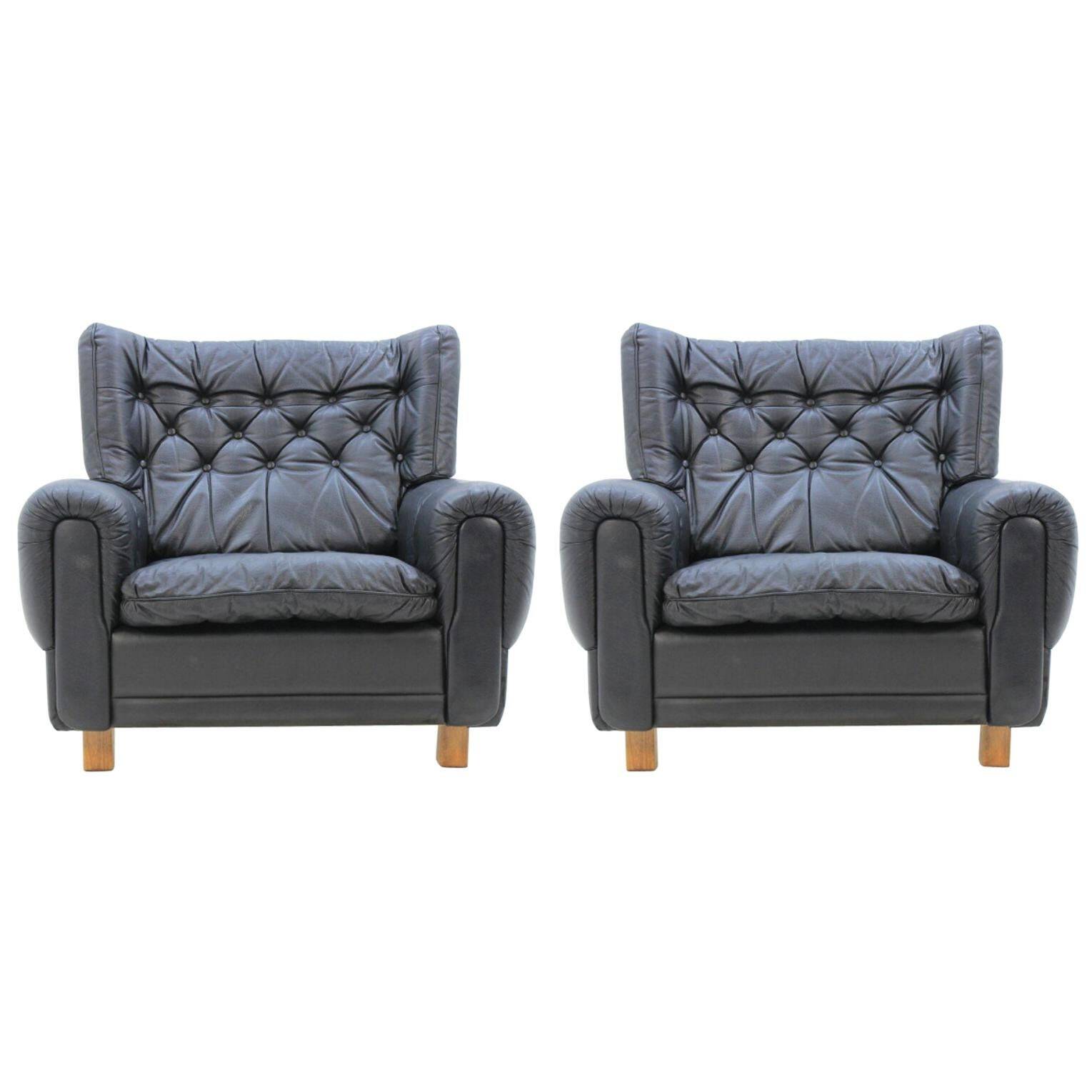 Set of Midcentury Black Leather Armchairs, 1970s