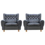 Set of Midcentury Black Leather Armchairs, 1970s