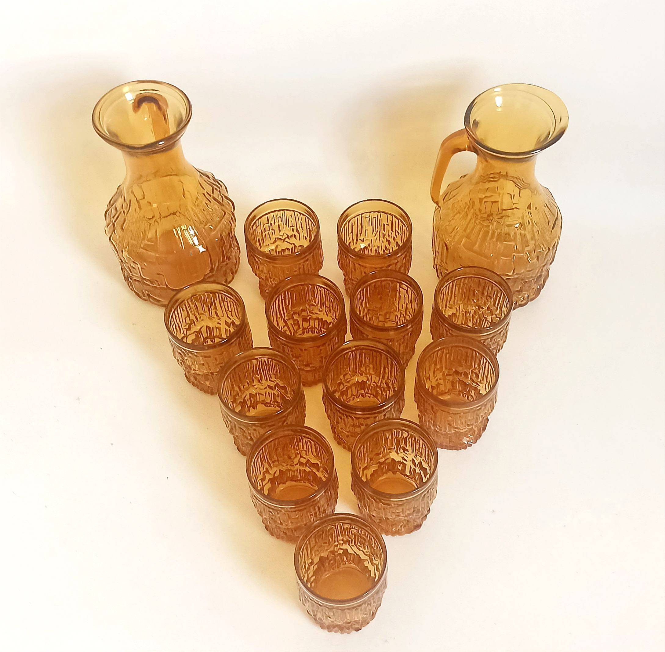 Orange juice set textured glass amber Empoli 2 decanters 12 glasses 70s