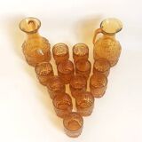 Orange juice set textured glass amber Empoli 2 decanters 12 glasses 70s