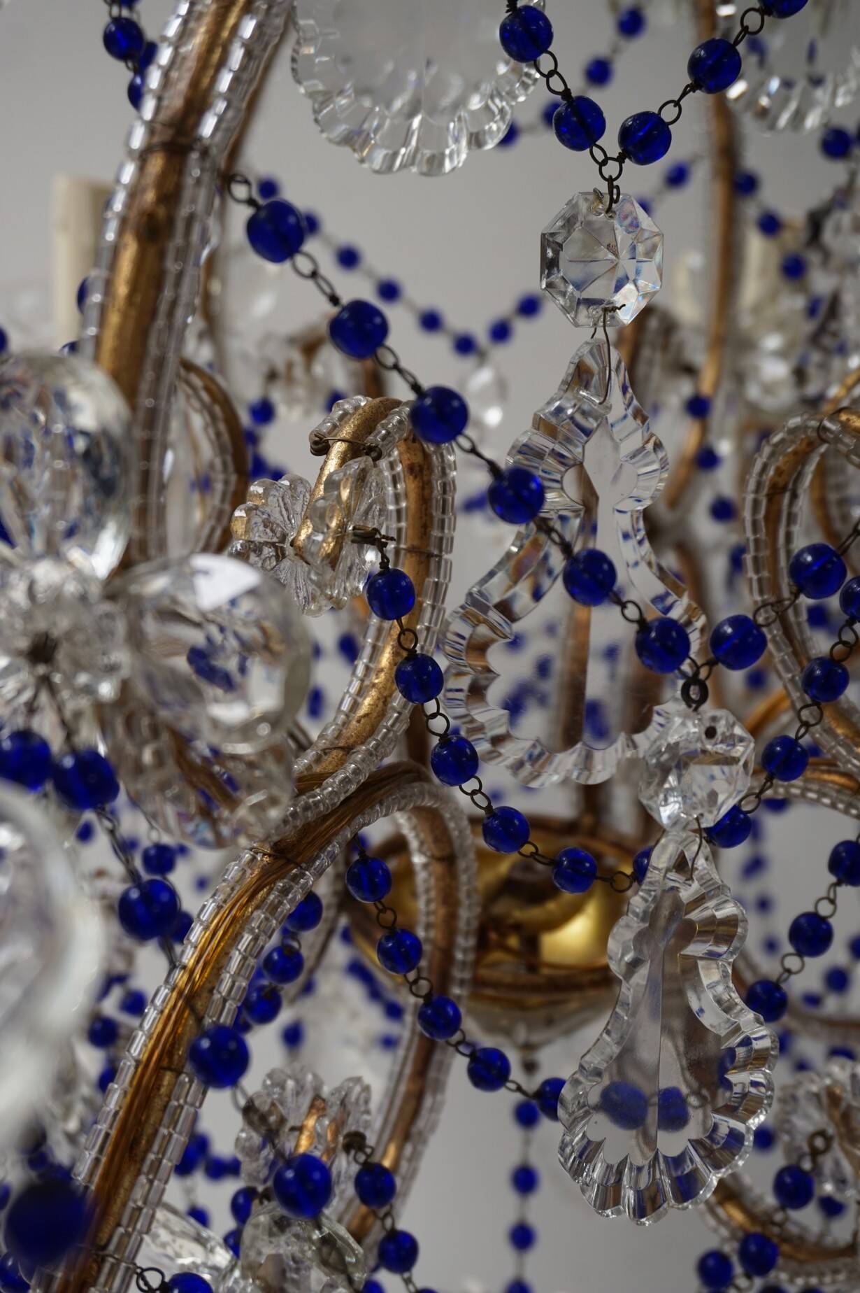 Italian Chandelier with Cobalt Blue Murano Glass Beaded Strings and Crysta