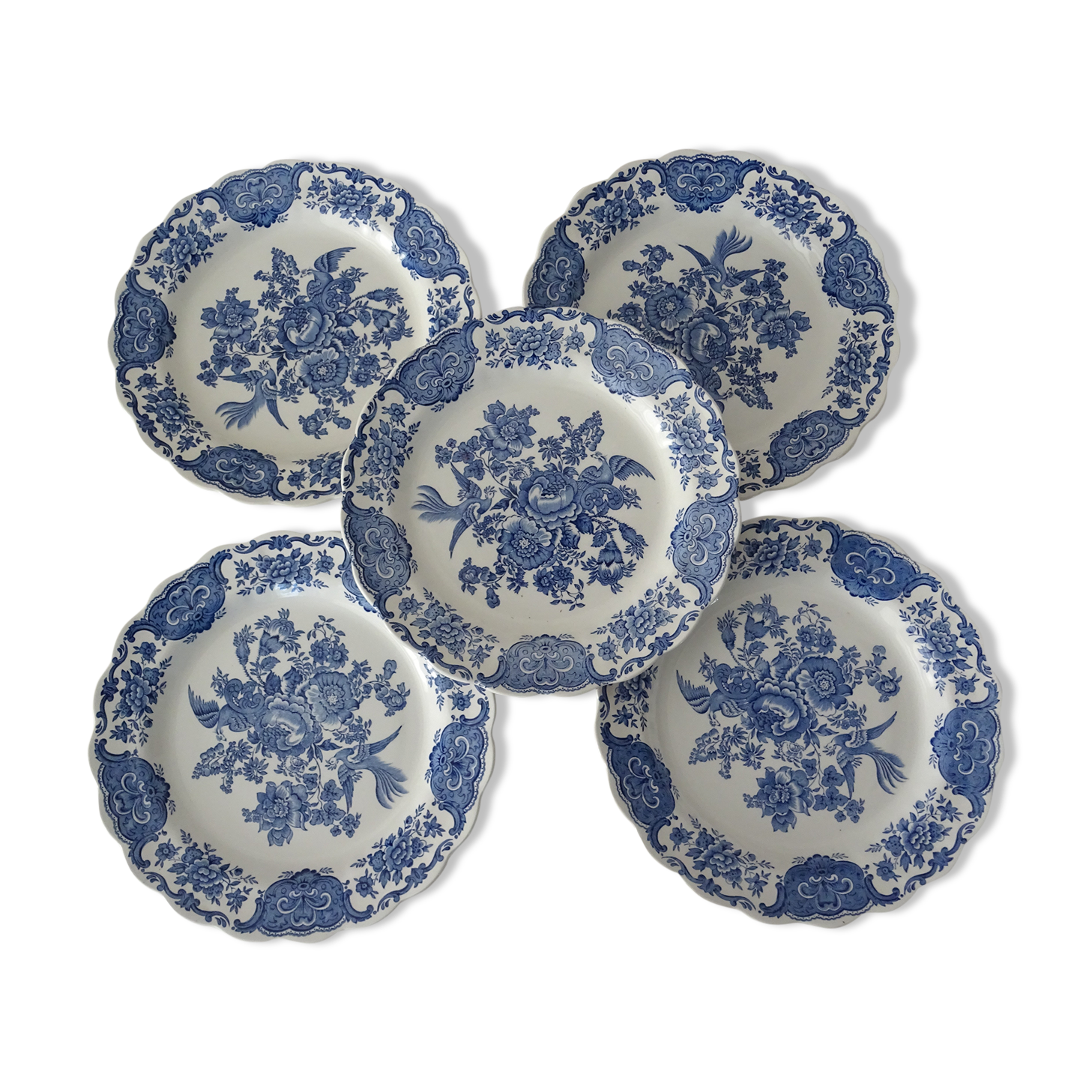 5 Flat plates Ridgway Staffordshire Windsor blue bird flower