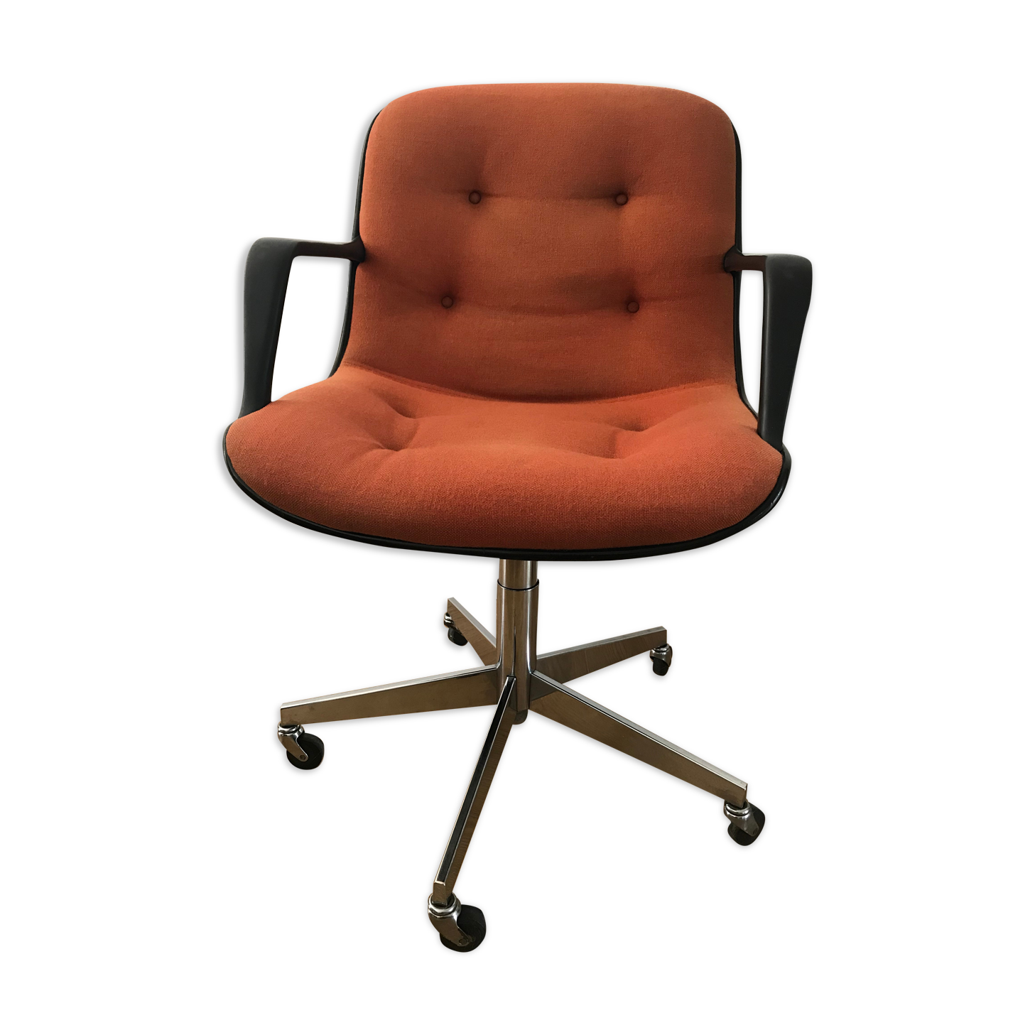 Vintage orange armchair model 451 with wheels by Steelcase Strafor, design by Randall Buck