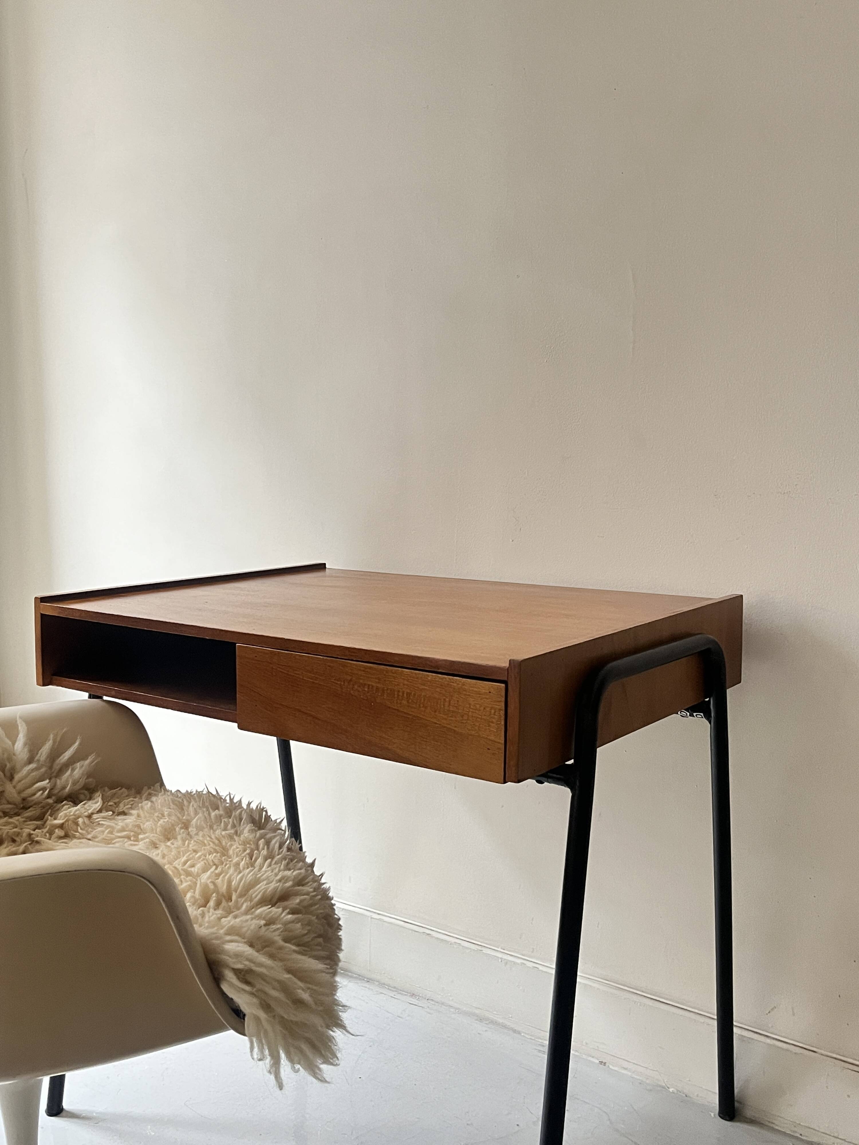 Desk in wood and black metal design 1950