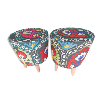 Pair of modern handwoven Uzbek Suzani ottoman footstools