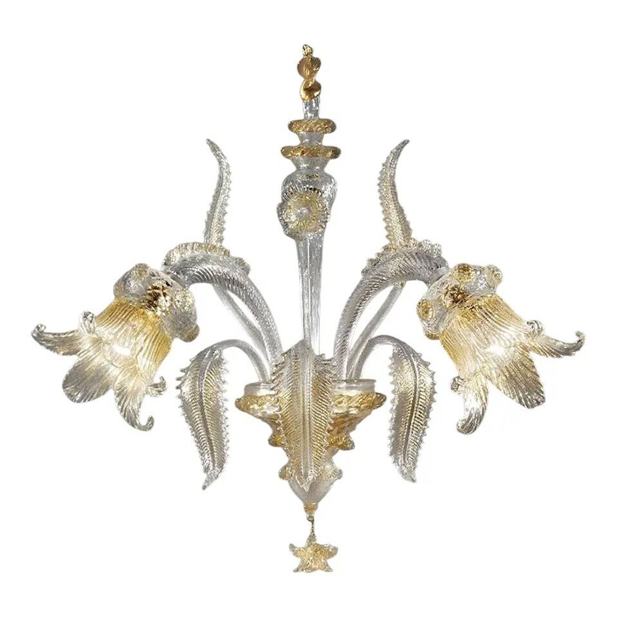 Italian Luxury Wall Sconce in Clear Murano Glass With Gold Floral Motifs