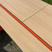 Vintage orange double school desk with its 2 matching chairs.