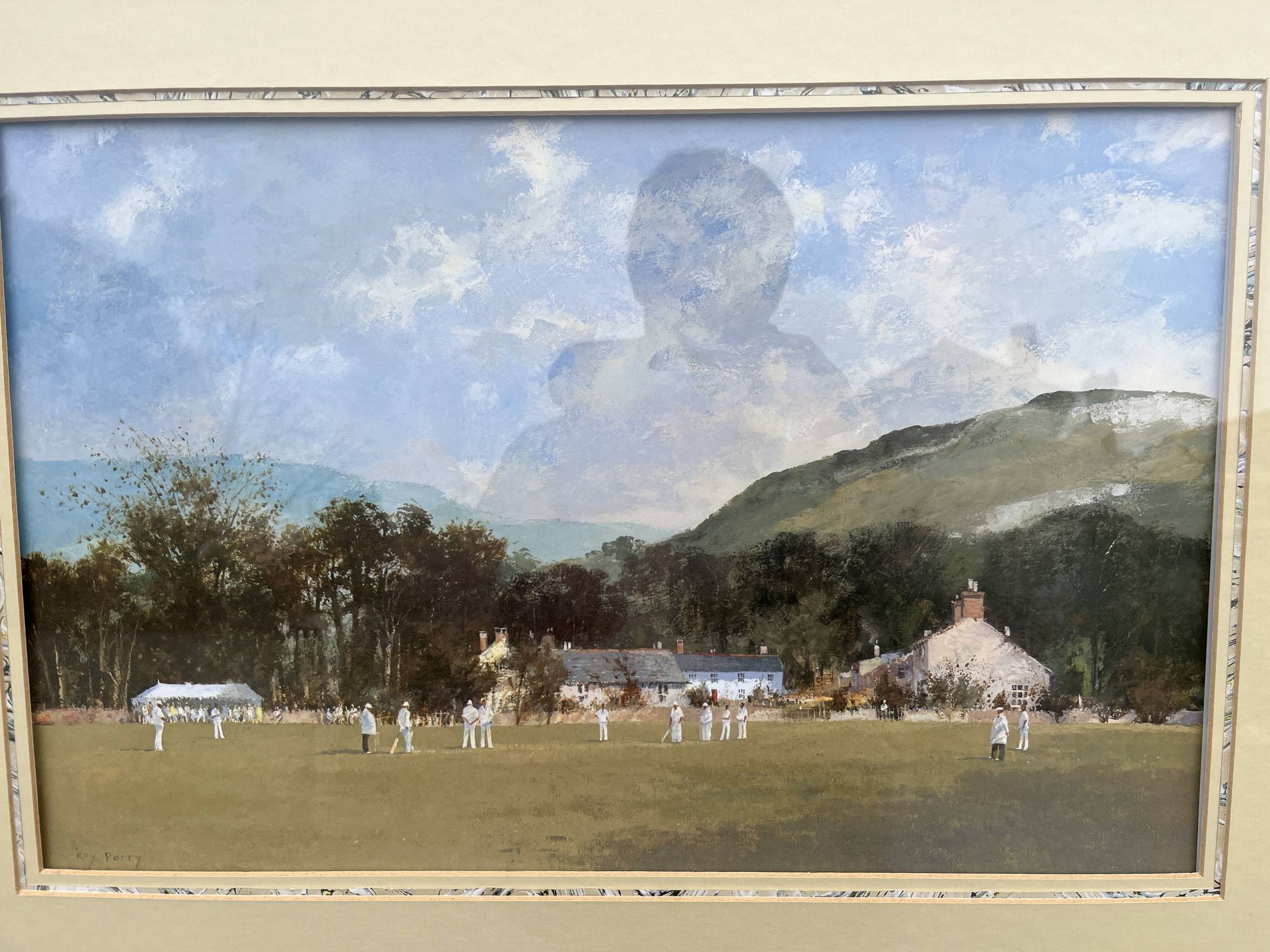 Gouache scène anglaise de cricket par Roy Perry
