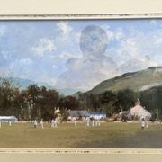 Gouache scène anglaise de cricket par Roy Perry