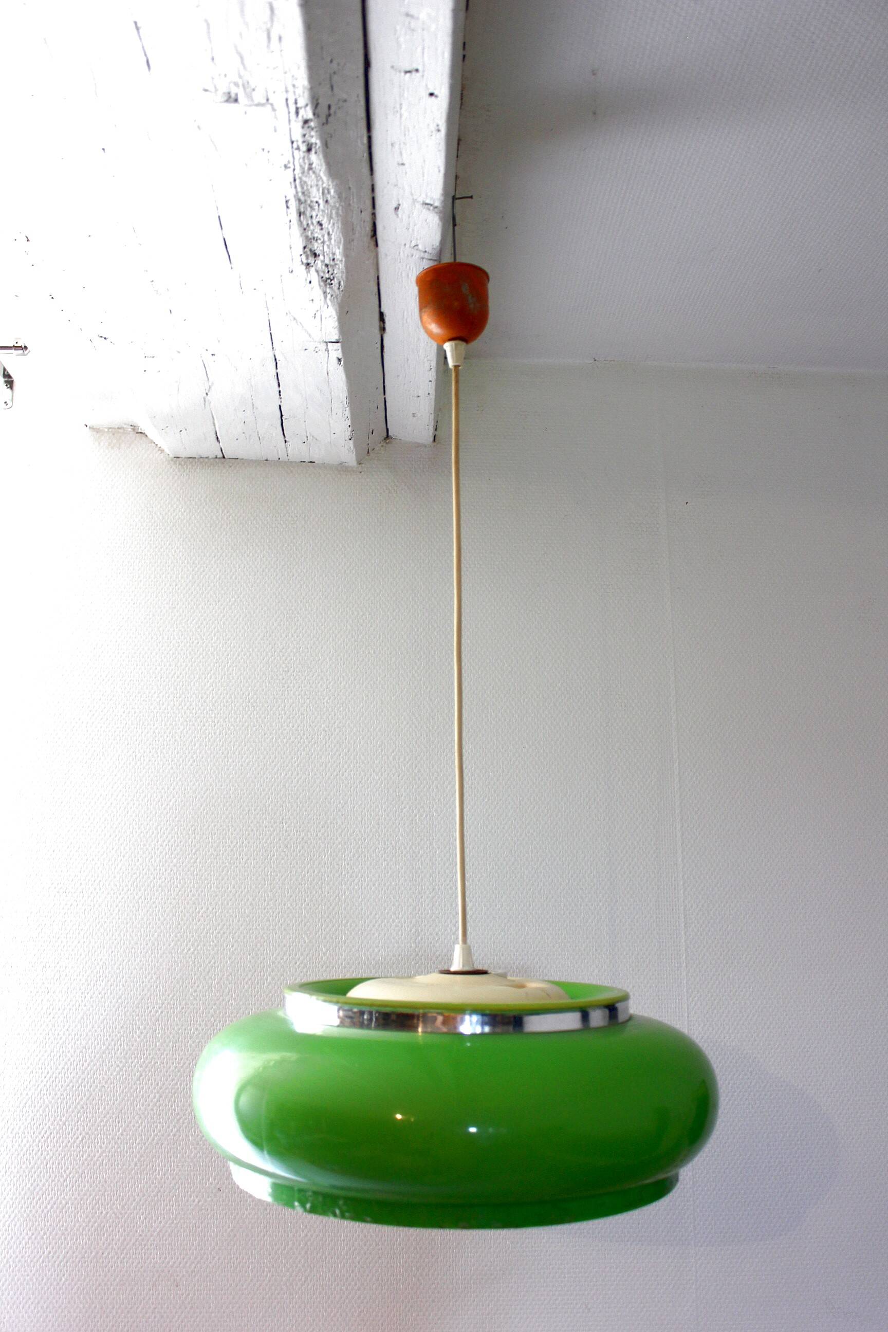 Vintage space age green saucer pendant light from the 1970s