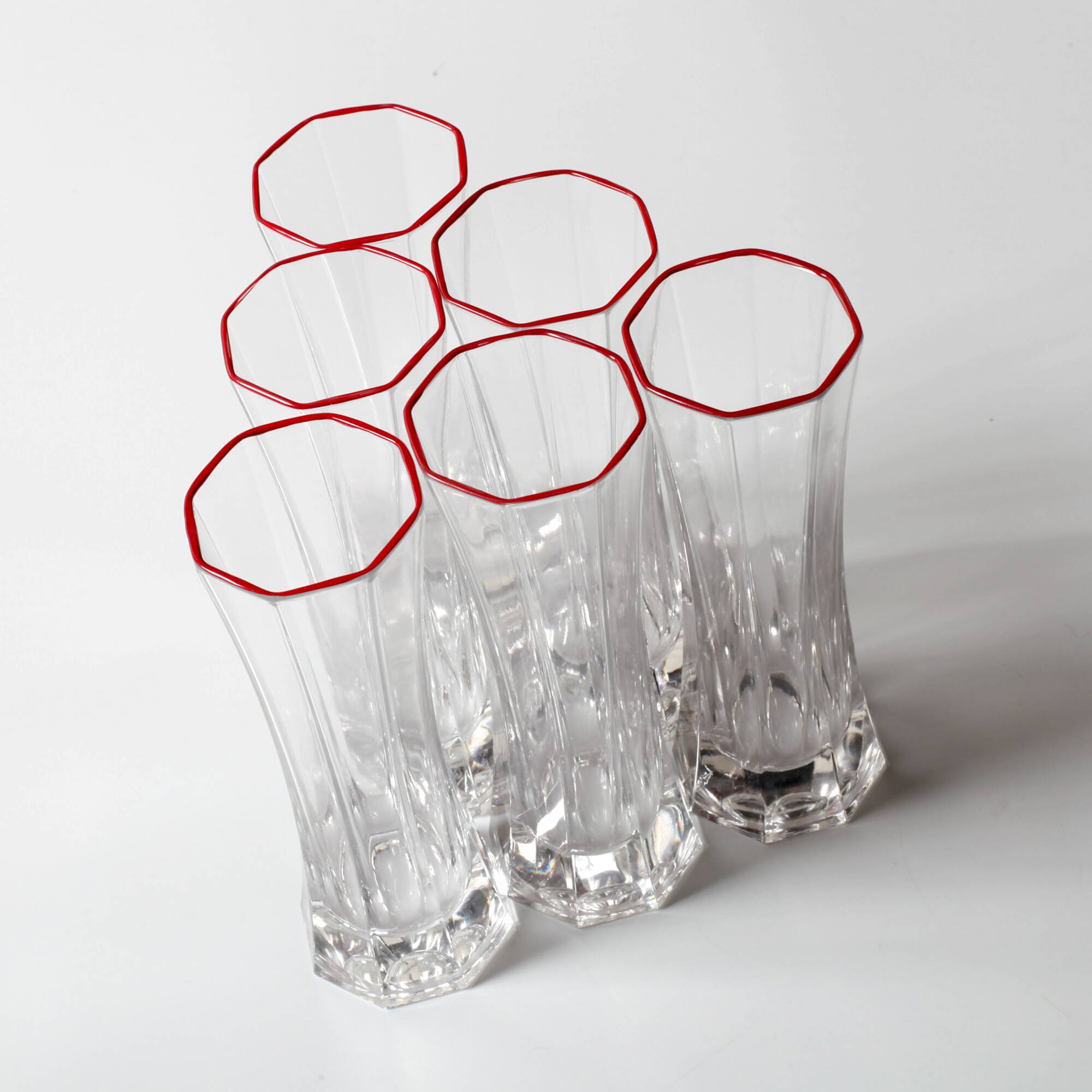 Set of 6 Mid-century Clear Crystal Glasses with Red Rim / Italy / 1980s