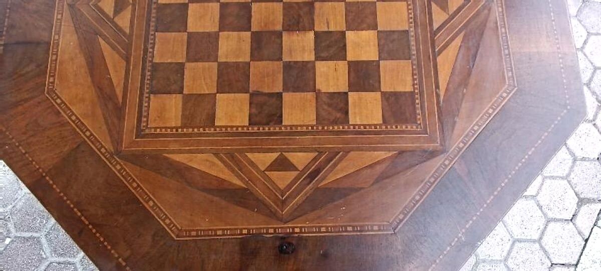 Table ancienne incrustée, jeu de dames, jeu d'échecs, Italie du XIXe siècle