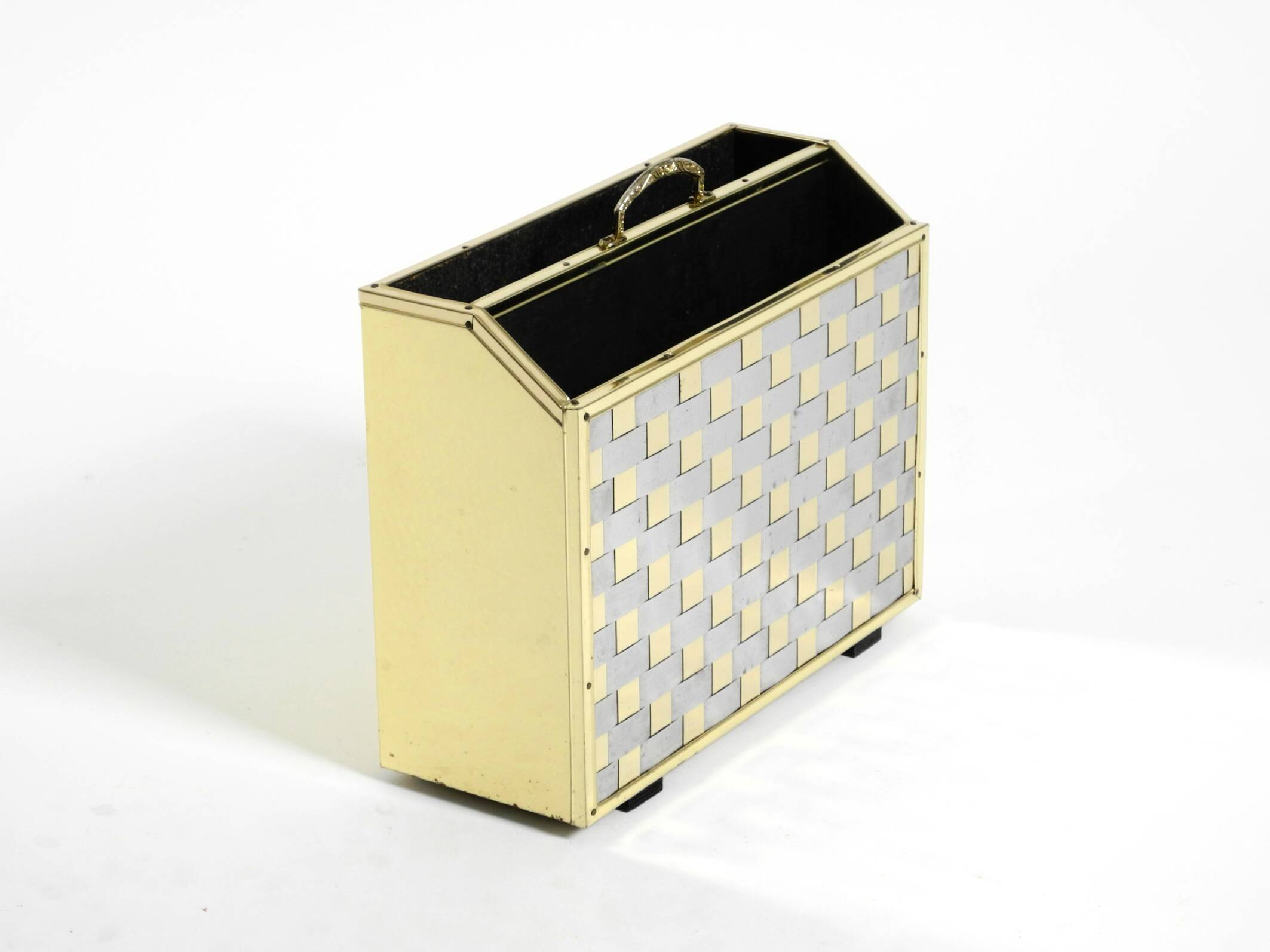 1980s newspaper rack made of brass and wood in Hollywood Regecy design