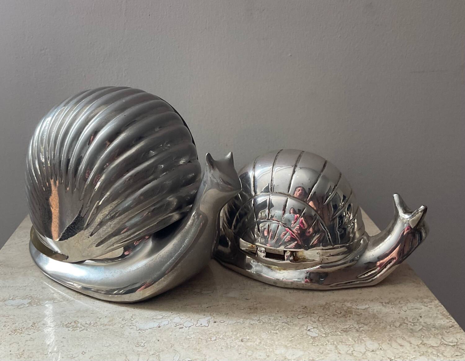Duo vintage snail jewelry boxes in silver metal