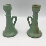Pair of vintage table candle holders in green enameled ceramic
