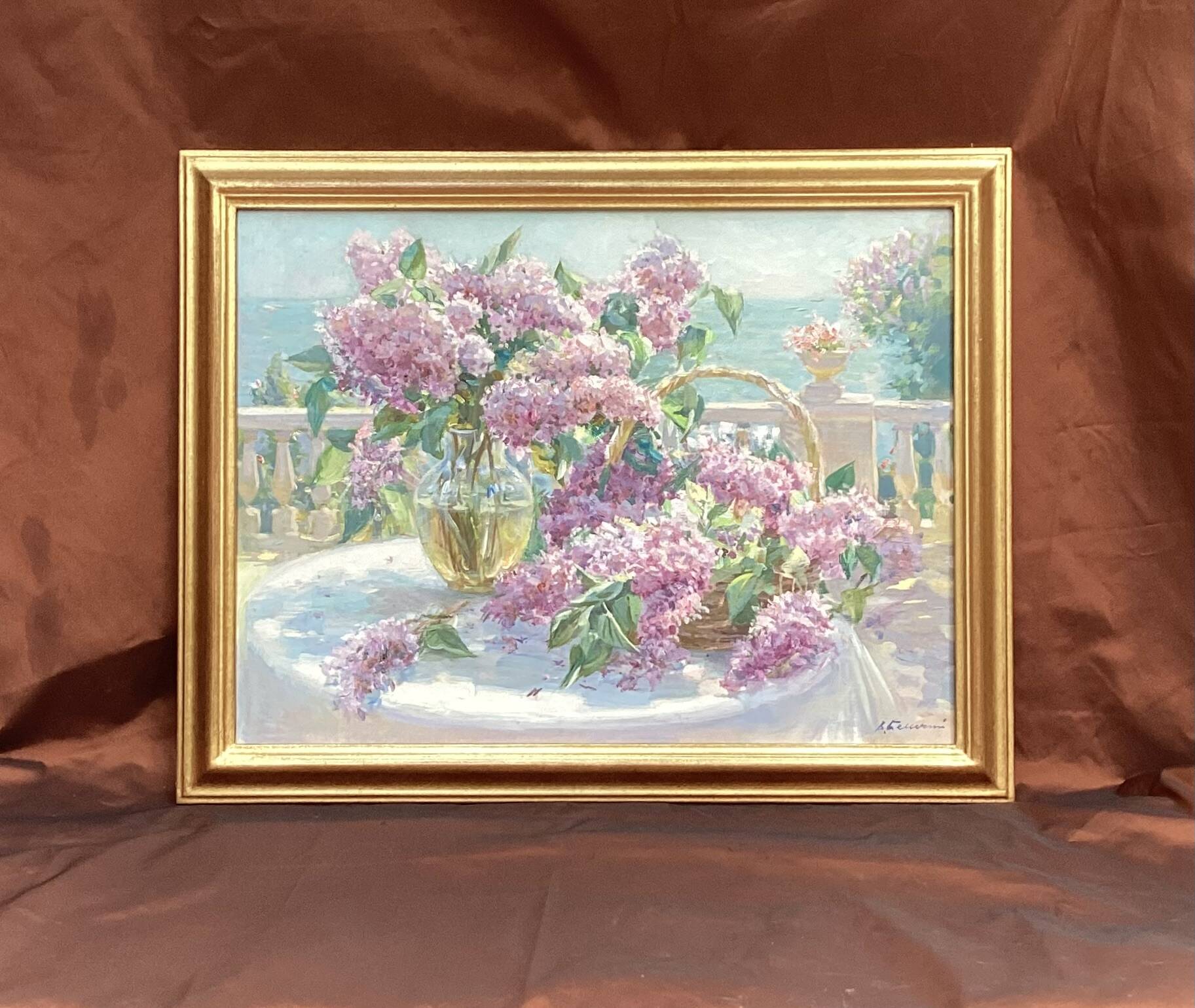Framed signed painting Oil on canvas “The lilacs” dimension: height -55cm- width -70cm-