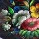 Black lacquered metal tray with multicoloured vintage Russian floral decoration.