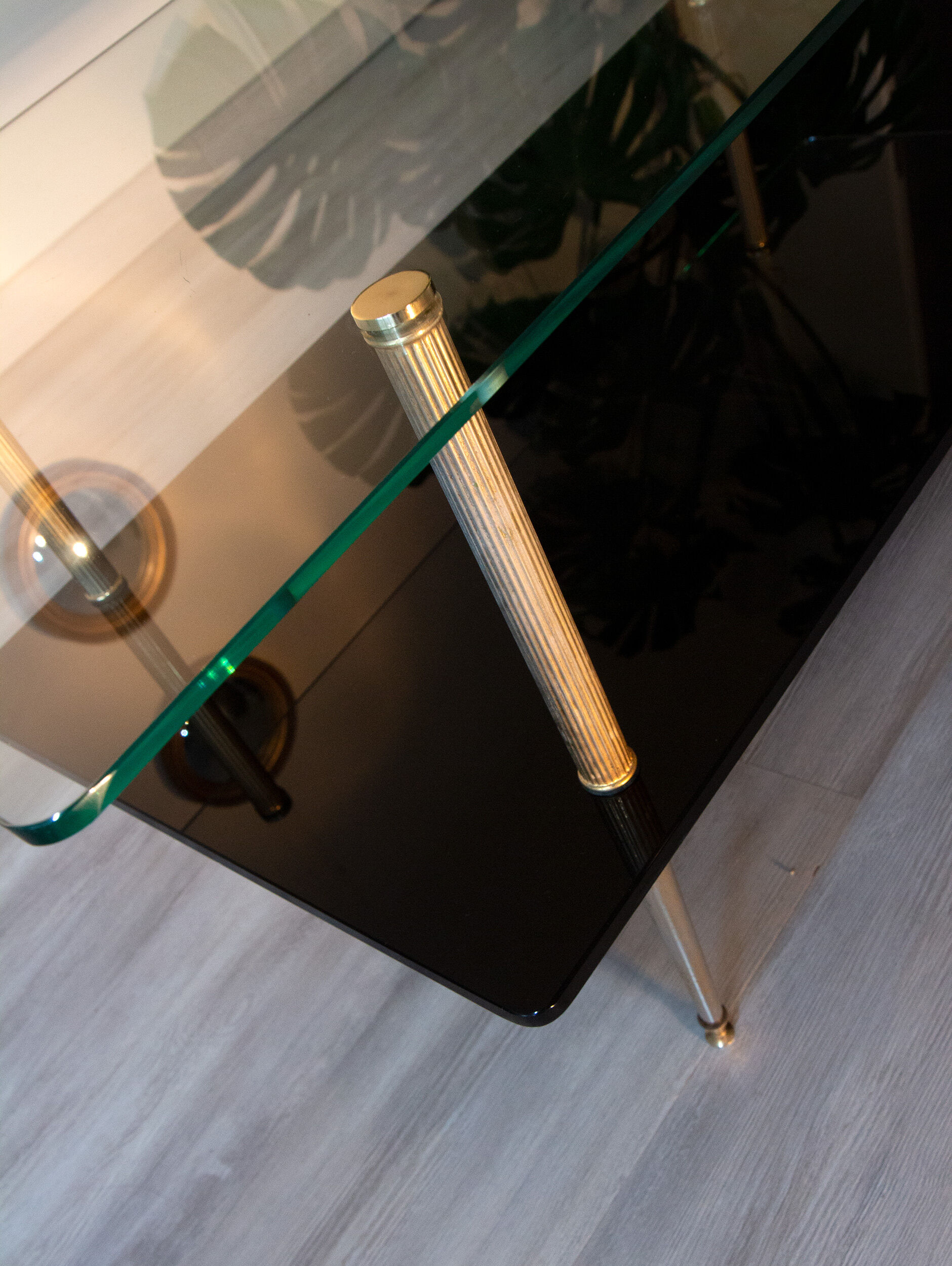 Double coffee table top of glass and gilded metal, 1950