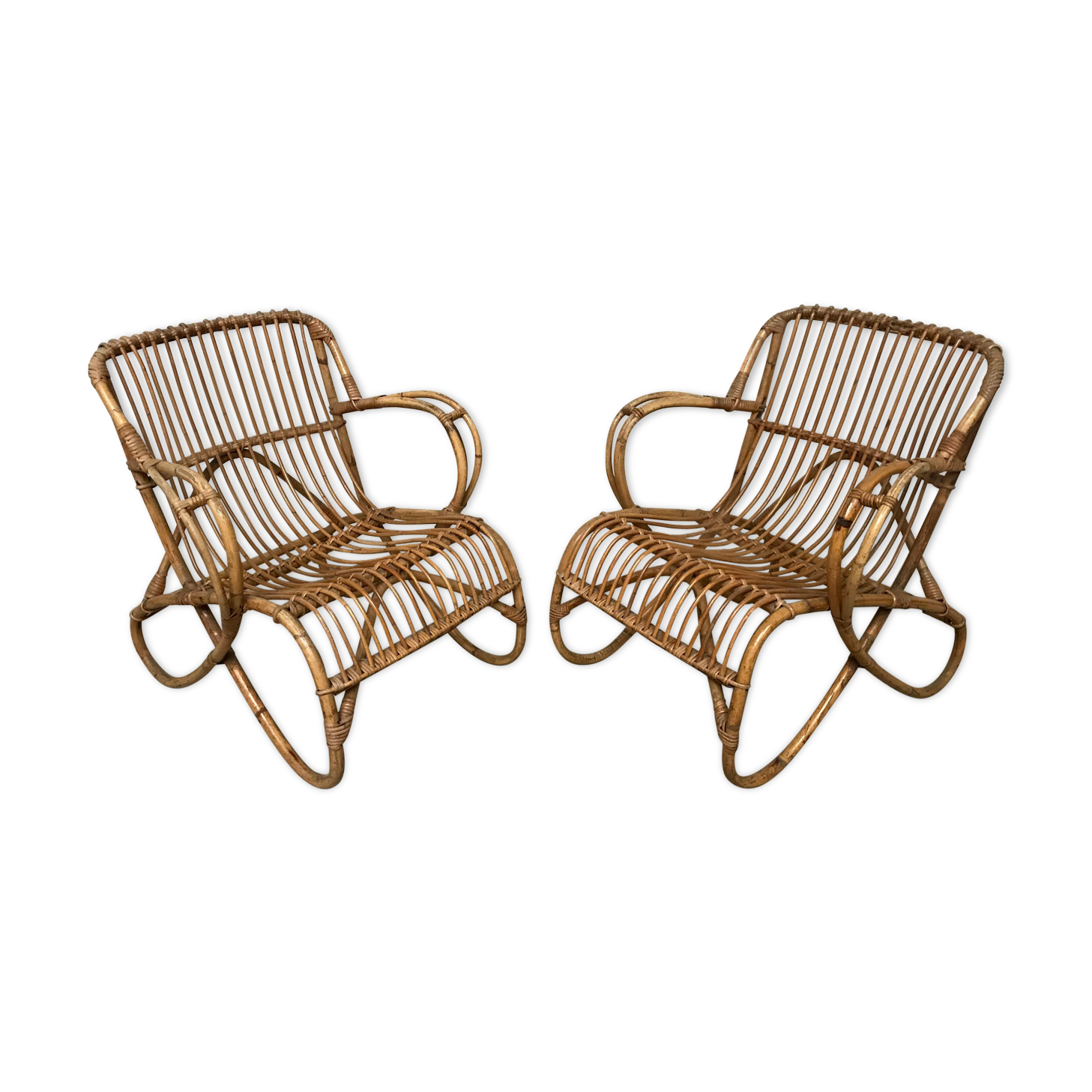 Pair of vintage rattan and bamboo chairs, 60s