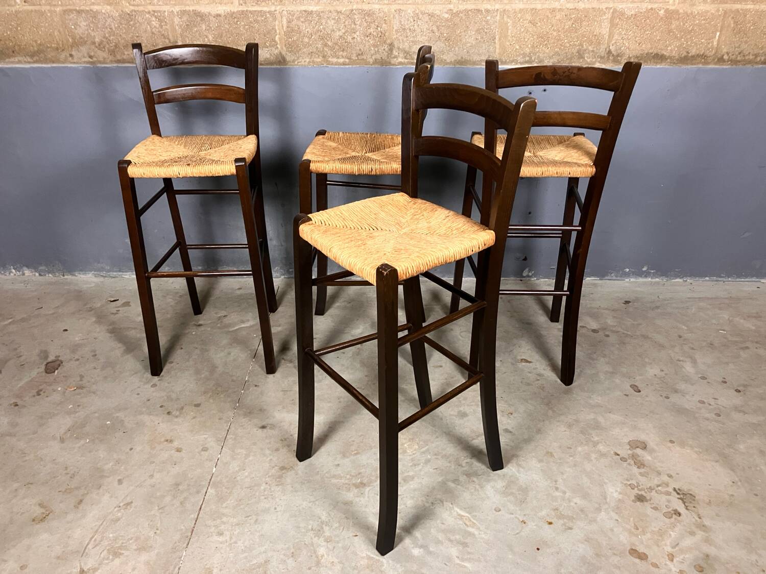Tabouret de bar 4x vintage jonc brocante