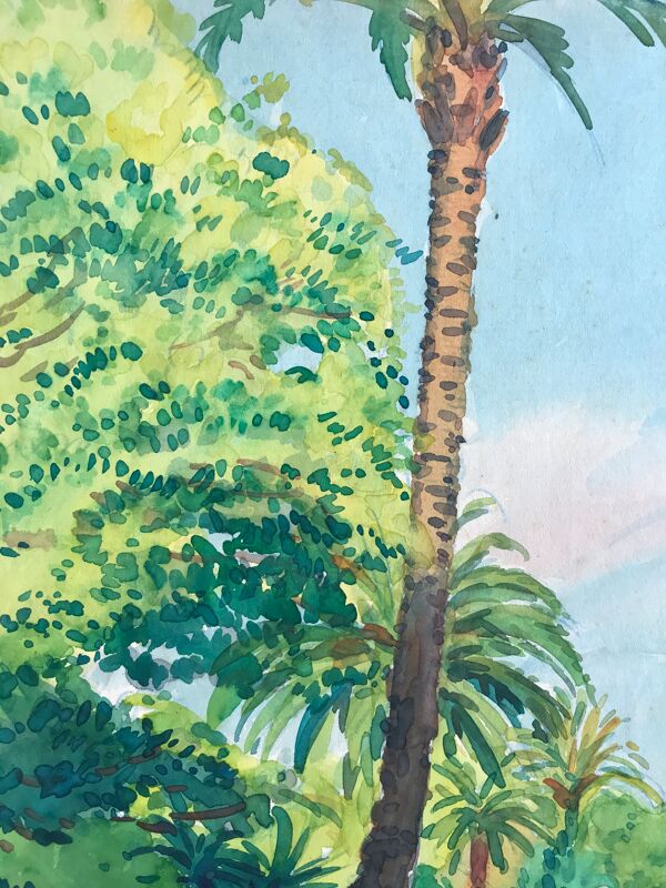 Aquarelle originale de tony minartz (1870-1944) promenade printanière dans un parc de la côte d'azur