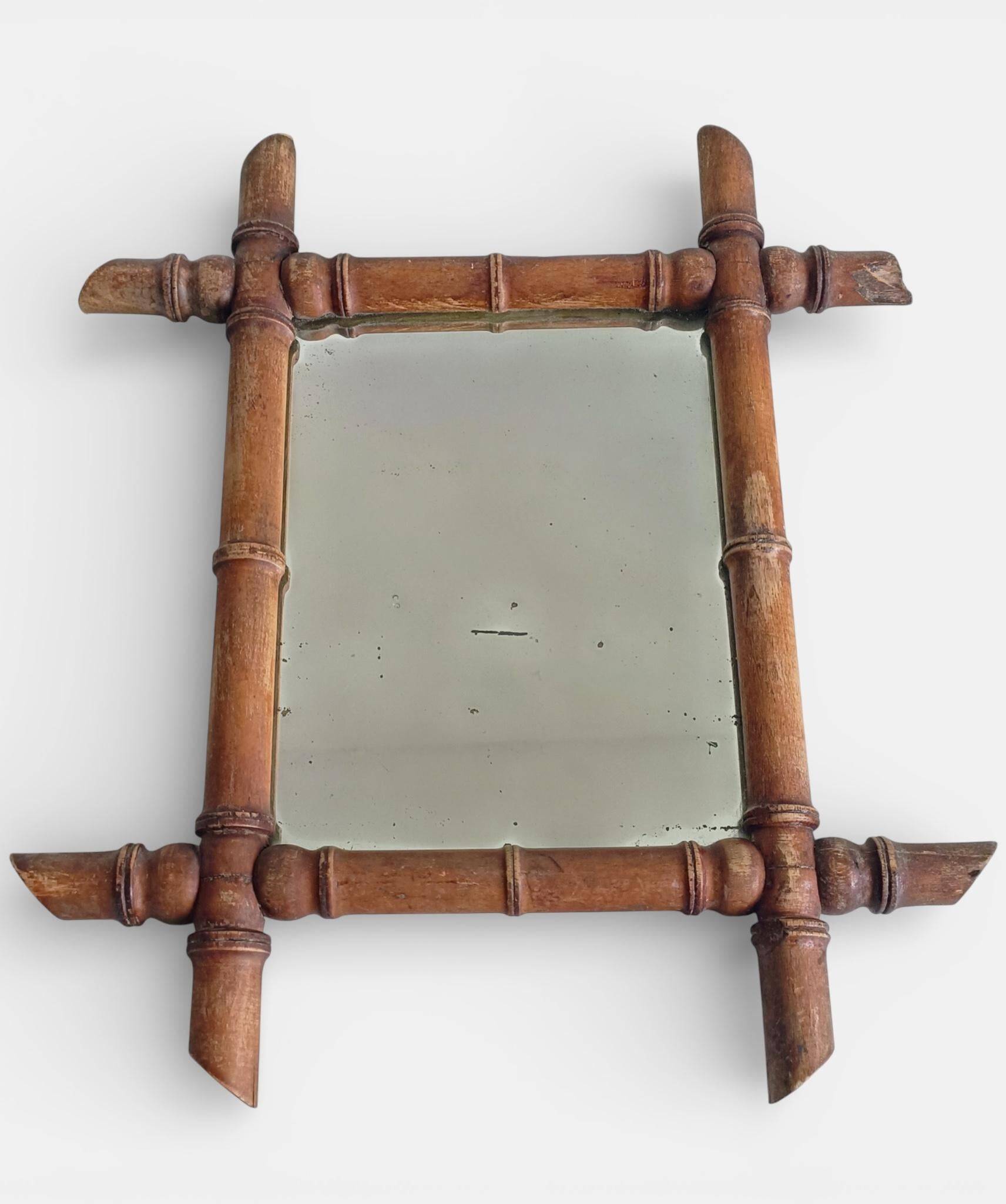 French Faux Bamboo Wall Mirror, Aged Patina, Circa 1900s