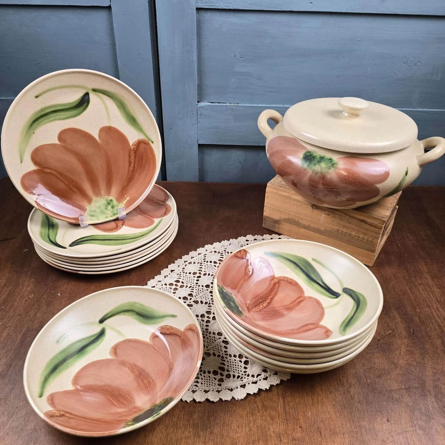 Vintage Salins Rhône service 15 pieces – Large hand-painted flowers