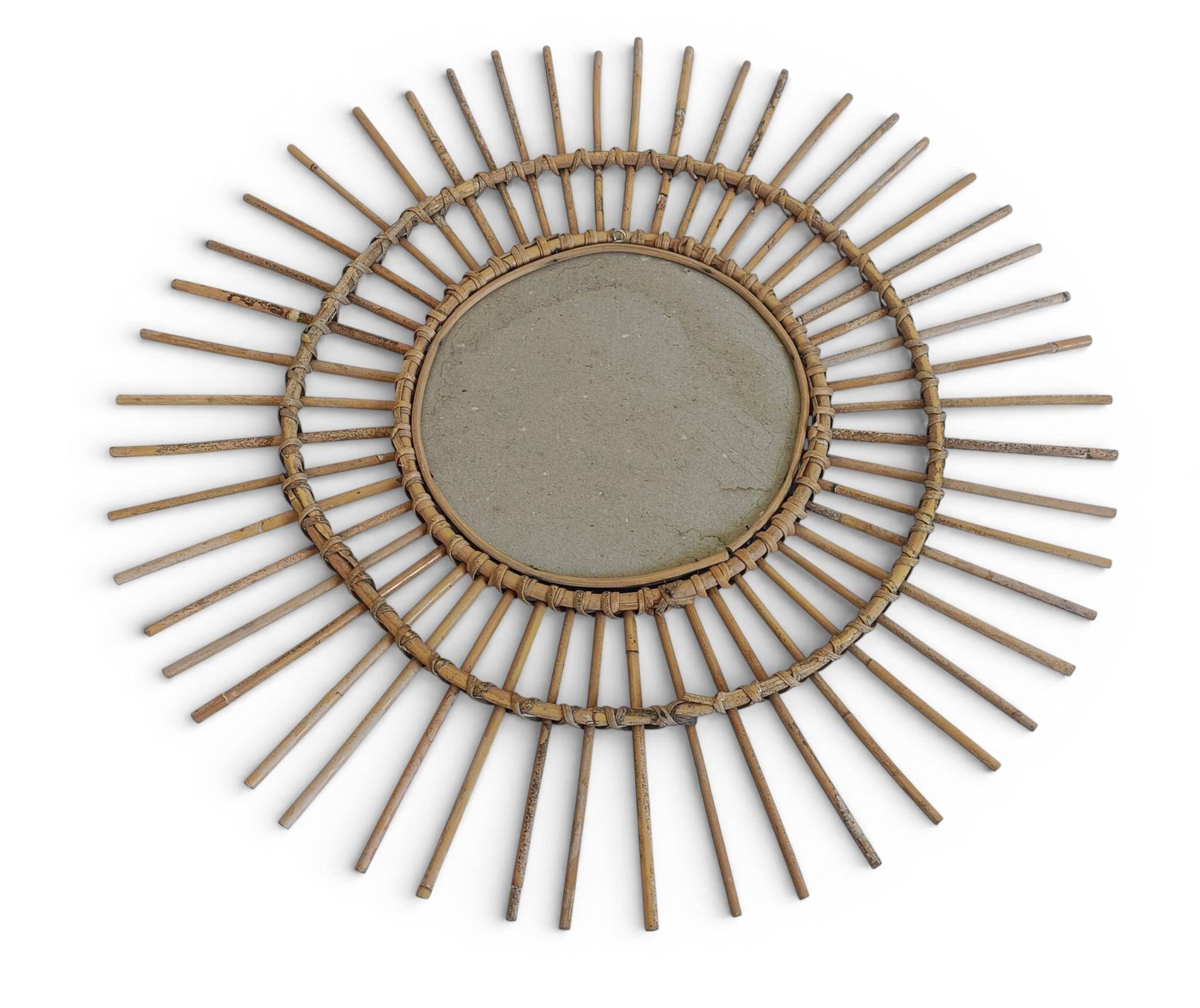 Mid Century Organic Modern Bamboo & Rattan Sunburst Patinated Mirror, 1960s