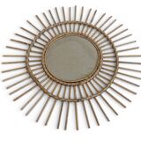 Mid Century Organic Modern Bamboo & Rattan Sunburst Patinated Mirror, 1960s