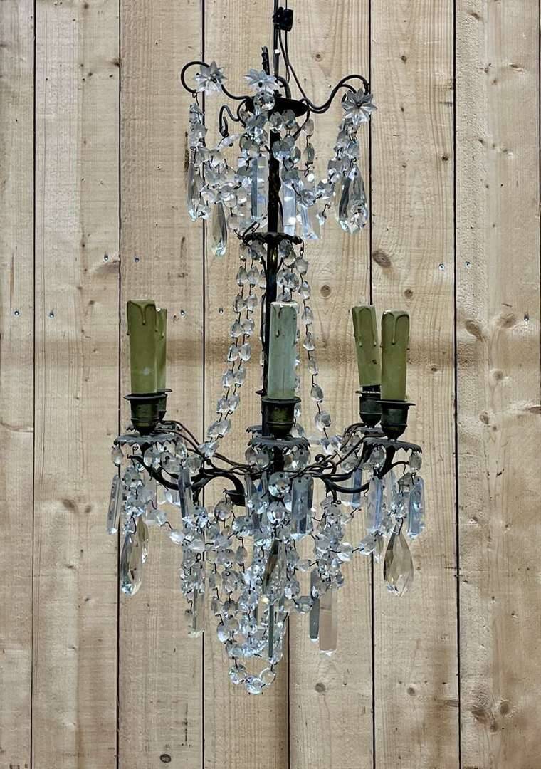 Early 20th century five-light chandelier with bronze and crystal drops