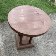 1930s Art Deco round side table in painted brown wood — column leg base