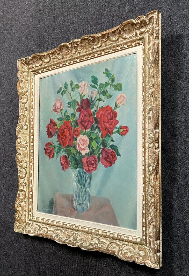 Oil painting on panel still life with roses in a vase