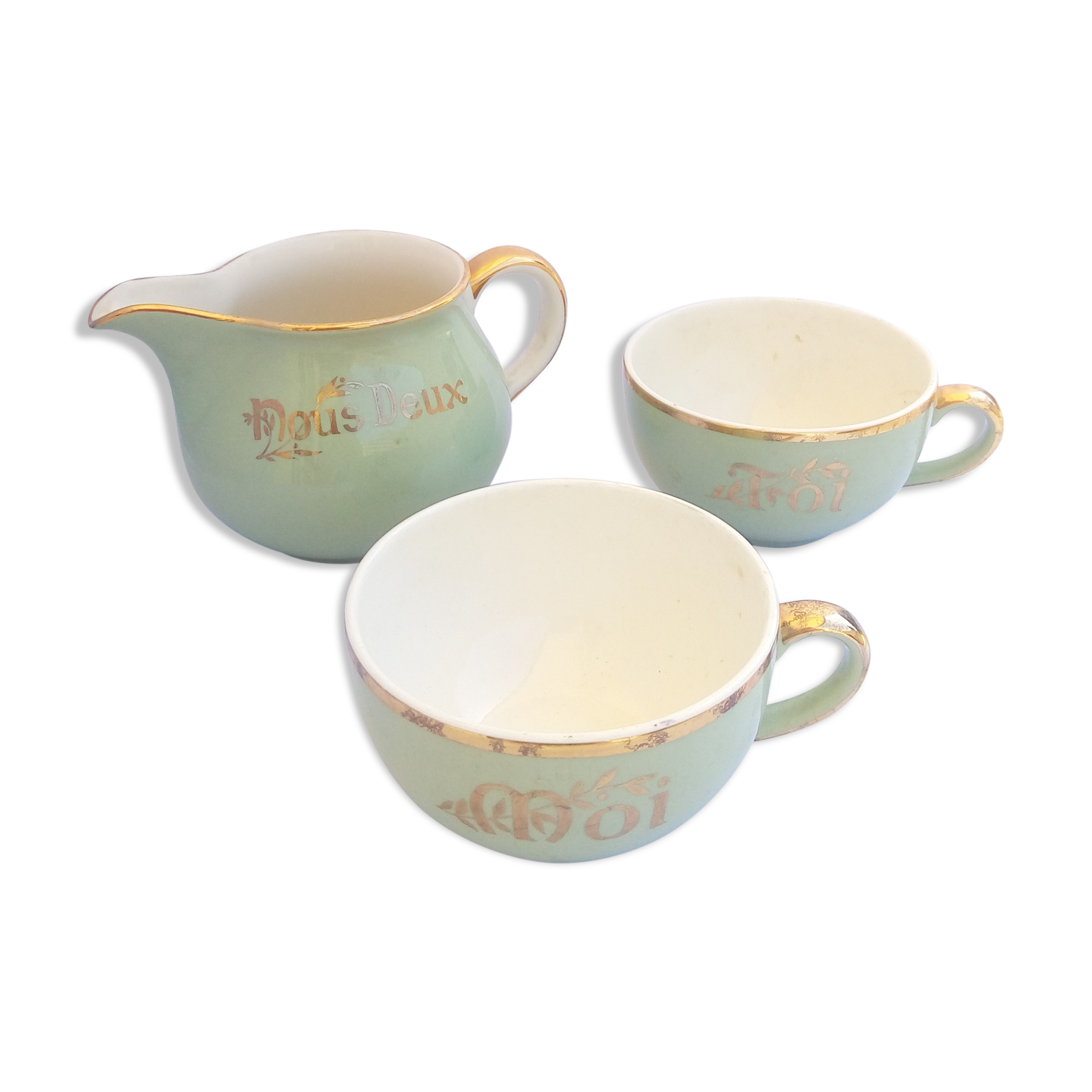 Villeroy cups and pitchers and boch 'We Two' pastel green and gold