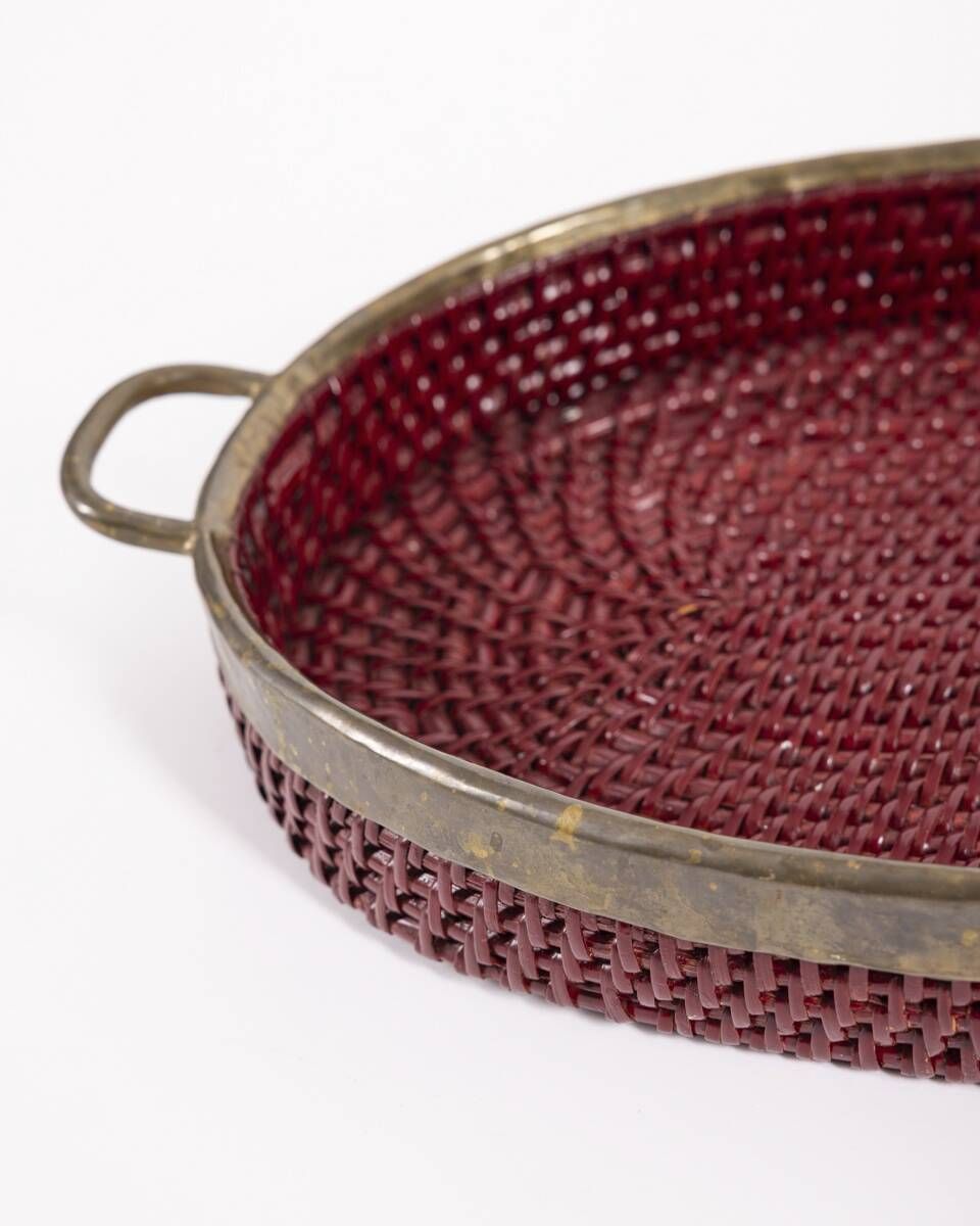 Vintage 1970s Wicker and Brass Tray, Italian Design