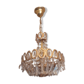 Lustre corbeille 3 feux pampilles fuseaux et gouttes, métal doré vintage 1960